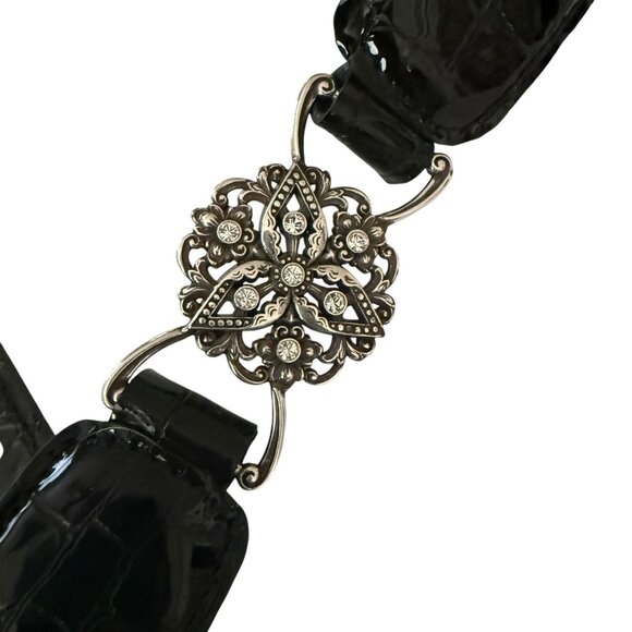 Vintage Brighton Empire Lace Black Croc Embossed Patent Leather Belt Crystals - Picture 3 of 16